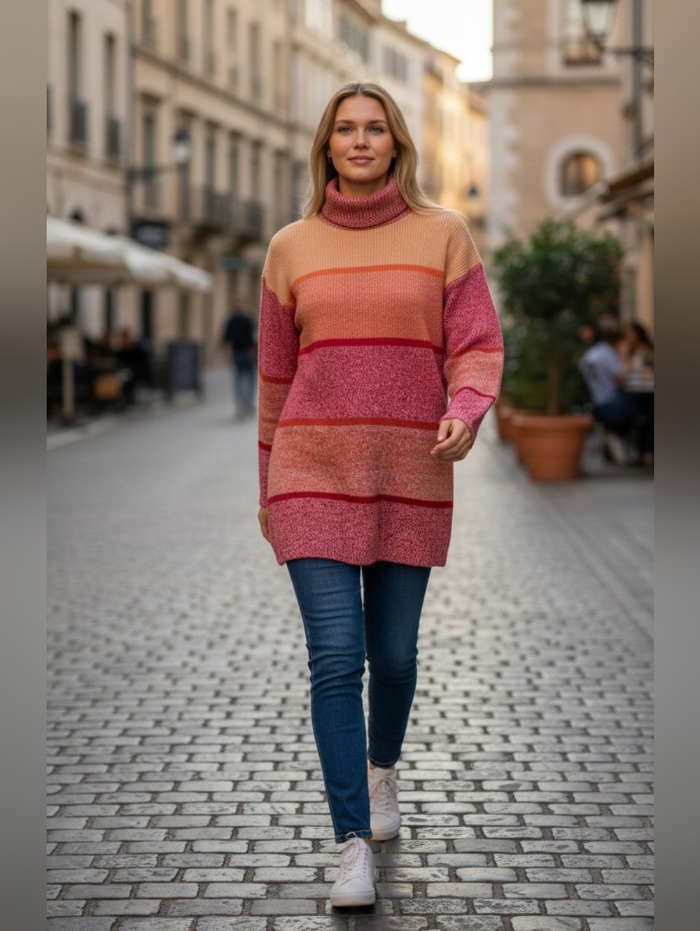 Vintage Together Color block Turtleneck Sweater Angora Lambswool Pink Orange Red